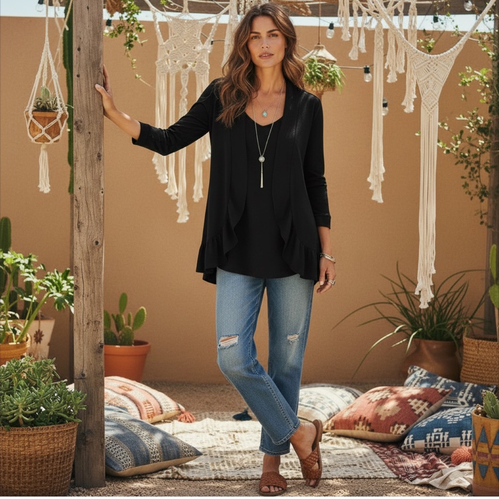 Black on Black Monochrome Cocoon Knit Sweater Monochrome Tunic Ruffled Cardigan
